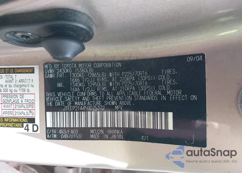 2005 Toyota Highlander V6 z USA, uszkodzony, nr VIN JTEEP21A450075372